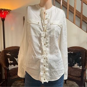 Anne Fontaine Reno Ruffled White Button Down Shirt Blouse with Gold Buttons